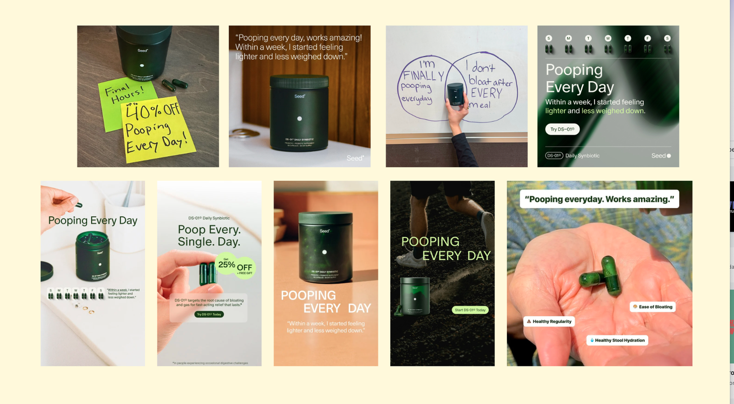 Nine Seed Health ads: one angle, nine wrappers.